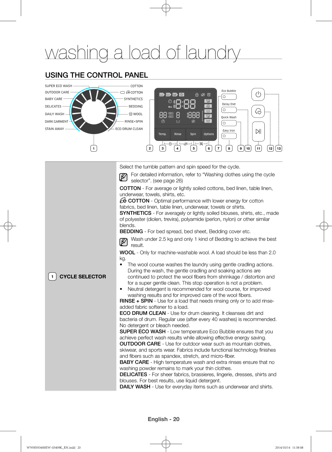 Samsung WW90H5400EW/SV, WW85H5400EW/SV manual Using the control panel, Cycle Selector 