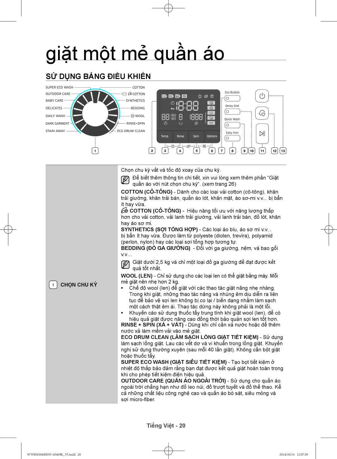 Samsung WW90H5400EW/SV, WW85H5400EW/SV manual Sử dụng bảng điều khiển, Chọn CHU KỲ 