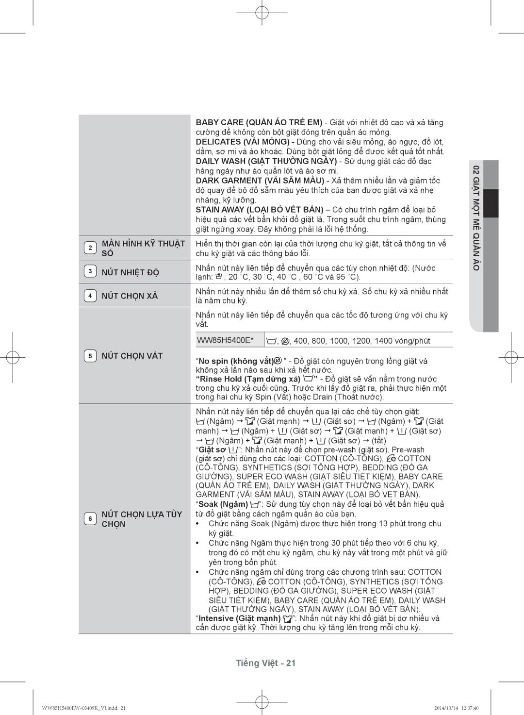 Samsung WW85H5400EW/SV, WW90H5400EW/SV manual NÚT Nhiệt ĐỘ, NÚT Chọn XẢ, NÚT Chọn VẮT, NÚT Chọn LỰA TÙY 