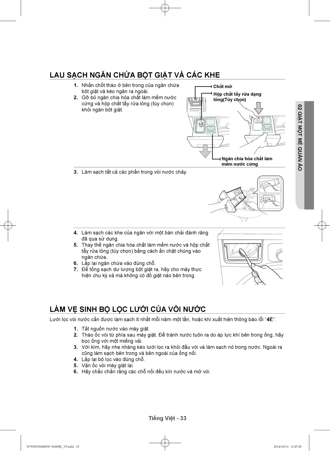 Samsung WW85H5400EW/SV, WW90H5400EW/SV manual Lau sạch ngăn chứa bột giặt và các khe, Làm vệ sinh bộ lọc lưới của vòi nước 