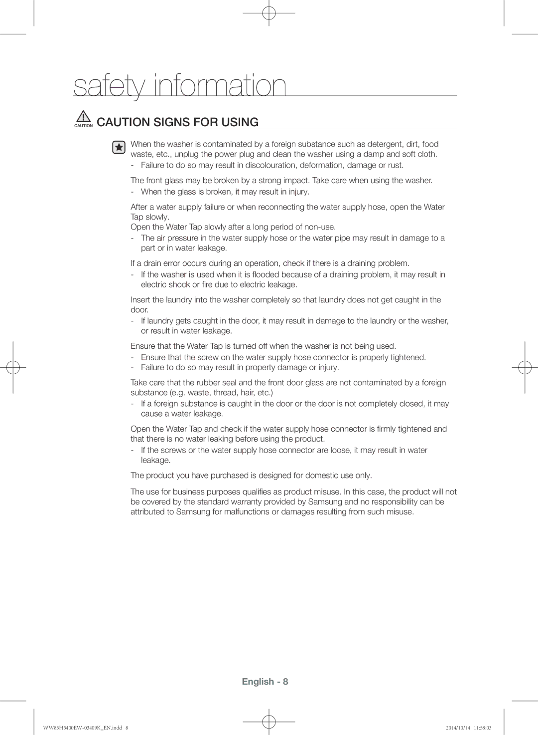 Samsung WW90H5400EW/SV, WW85H5400EW/SV manual Safety information 