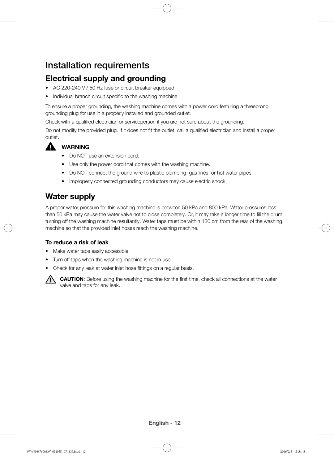 Samsung WW90H7400EW/EE, WW80H7400EW/EE manual Installation requirements, Electrical supply and grounding, Water supply 