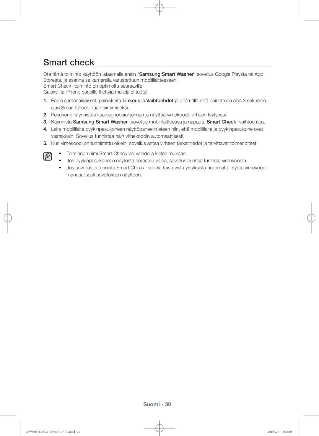 Samsung WW90H7600EW/EE, WW90H7400EW/EE, WW80H7400EW/EE, WW80H7600EW/EE manual Smart check 