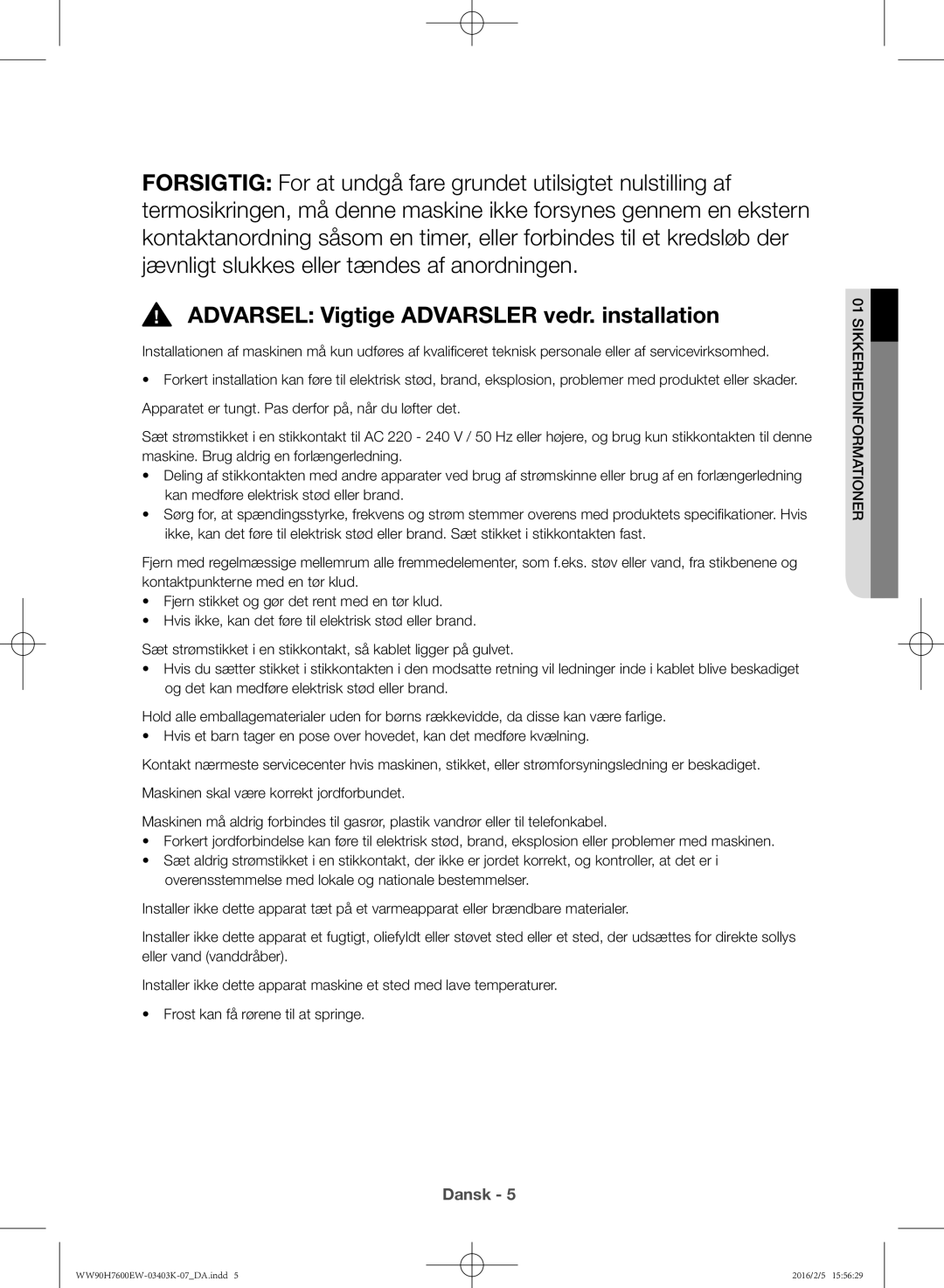 Samsung WW80H7400EW/EE, WW90H7400EW/EE, WW90H7600EW/EE, WW80H7600EW/EE manual Dansk 