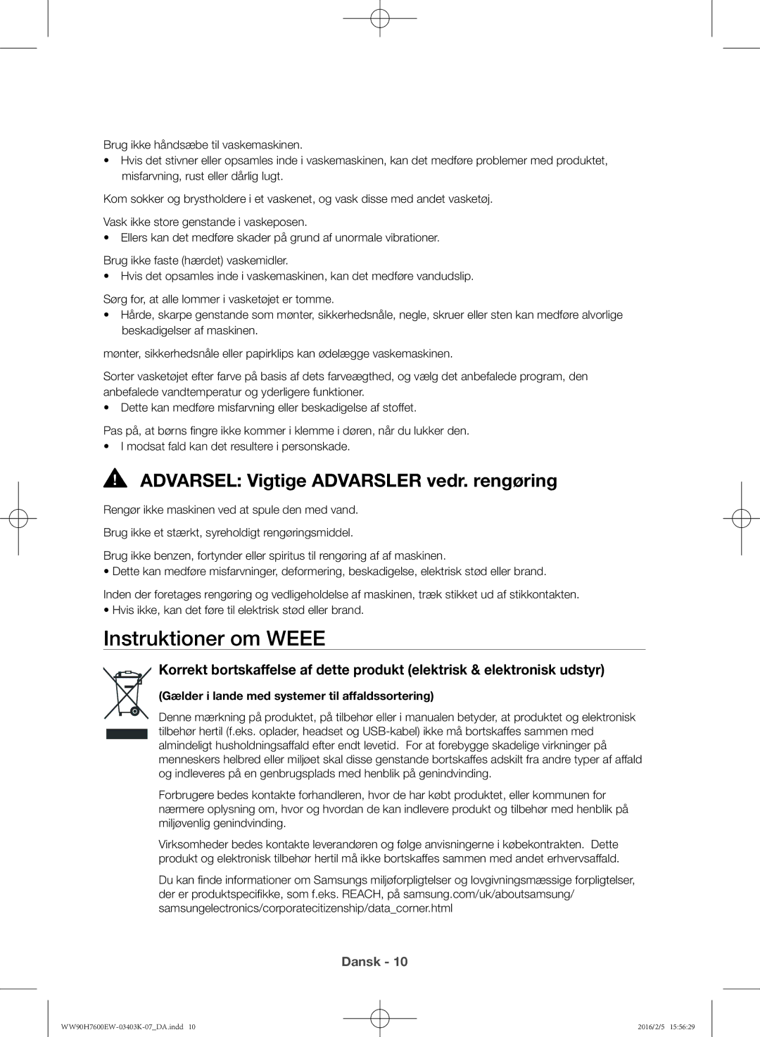 Samsung WW90H7600EW/EE, WW90H7400EW/EE manual Instruktioner om Weee, Gælder i lande med systemer til affaldssortering 