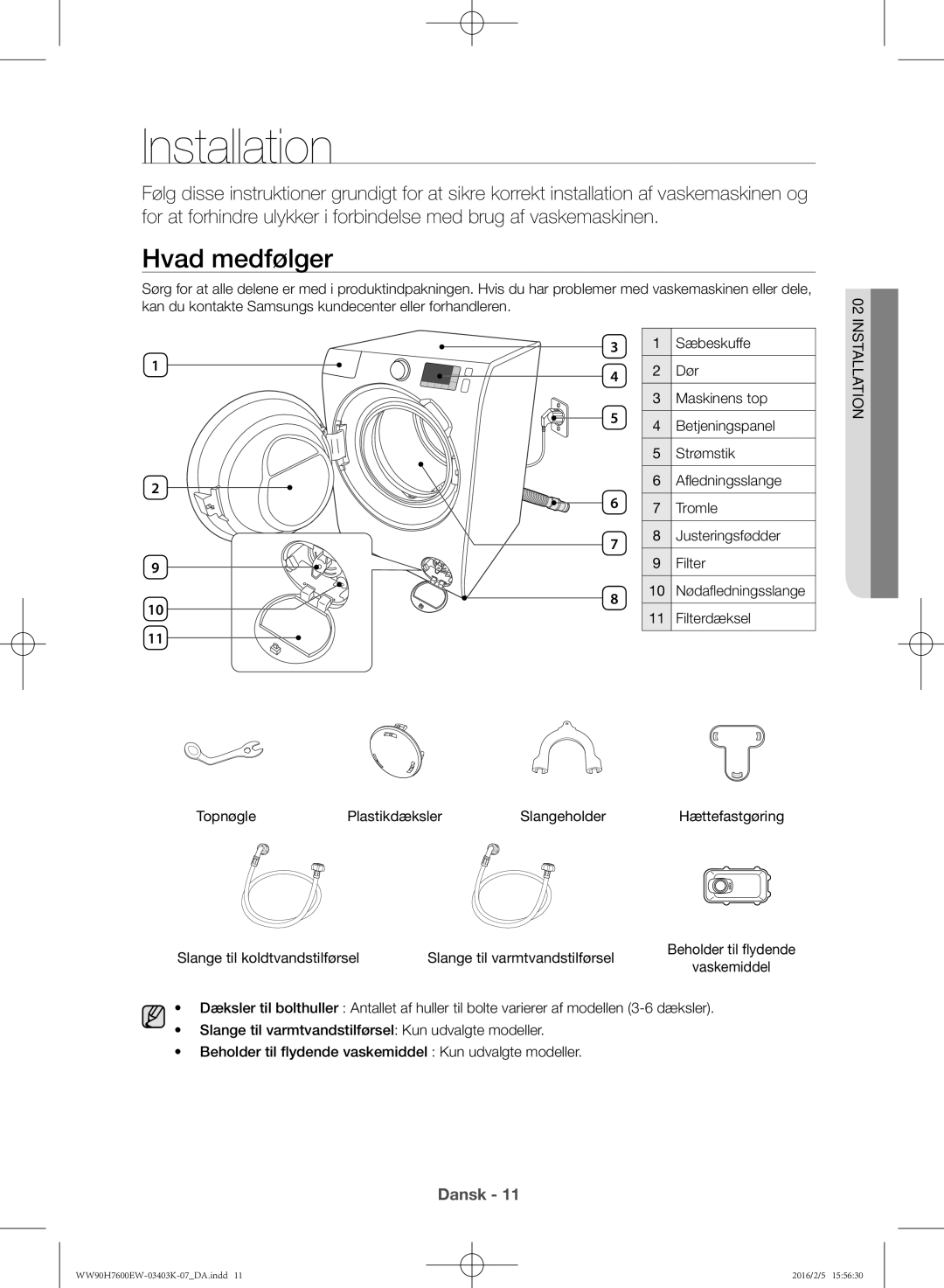 Samsung WW80H7600EW/EE, WW90H7400EW/EE, WW80H7400EW/EE, WW90H7600EW/EE manual Installation, Hvad medfølger 