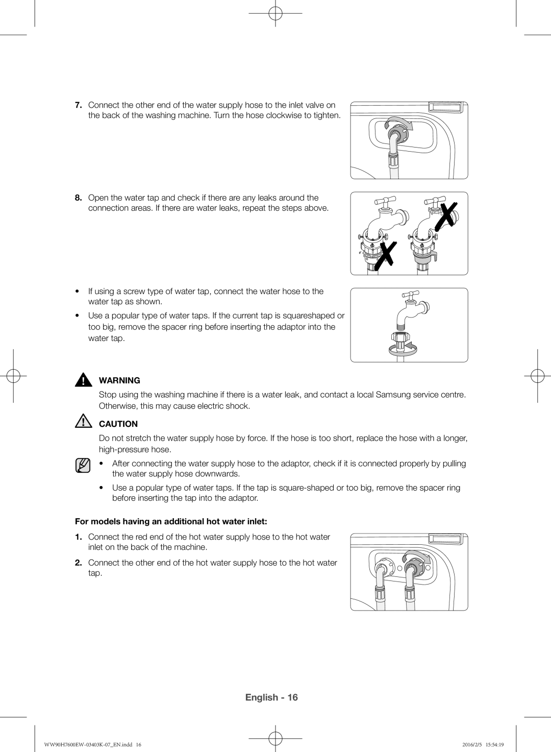 Samsung WW90H7400EW/EE, WW80H7400EW/EE, WW90H7600EW/EE, WW80H7600EW/EE manual For models having an additional hot water inlet 