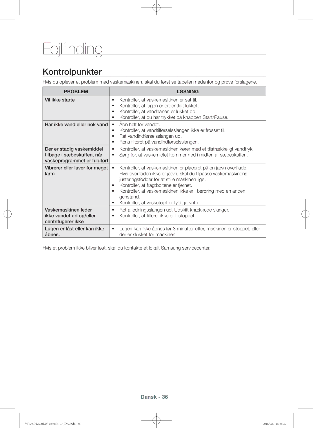 Samsung WW90H7400EW/EE, WW80H7400EW/EE, WW90H7600EW/EE, WW80H7600EW/EE manual Fejlfinding, Kontrolpunkter 