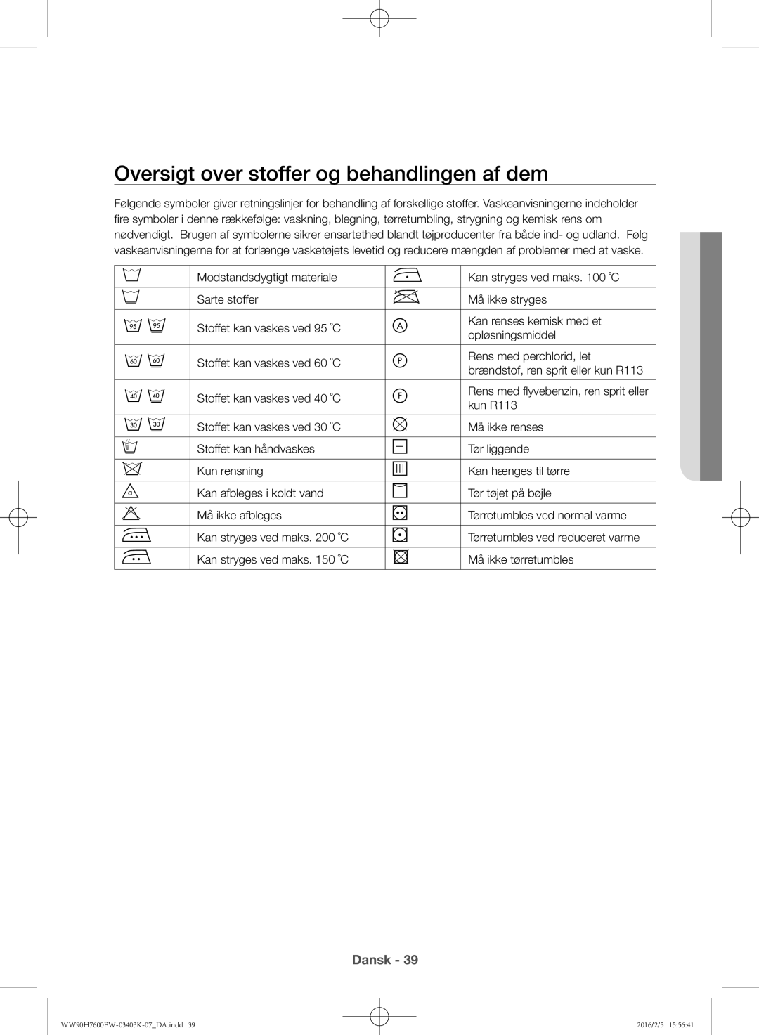 Samsung WW80H7600EW/EE, WW90H7400EW/EE, WW80H7400EW/EE, WW90H7600EW/EE manual Oversigt over stoffer og behandlingen af dem 