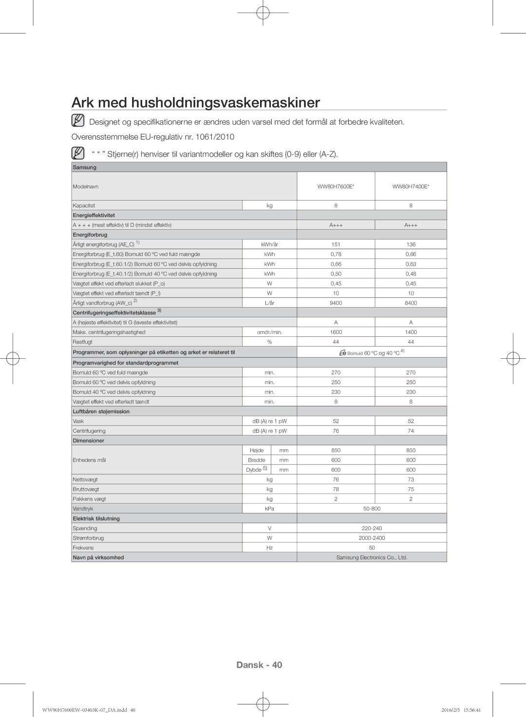 Samsung WW90H7400EW/EE, WW80H7400EW/EE, WW90H7600EW/EE, WW80H7600EW/EE manual Ark med husholdningsvaskemaskiner 