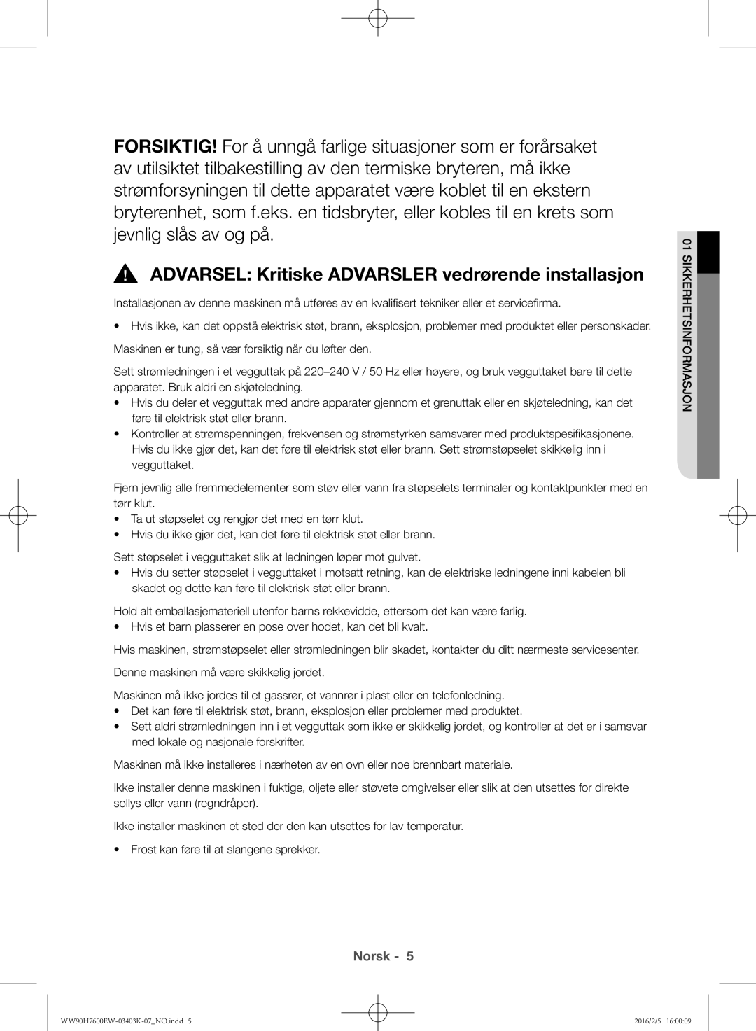 Samsung WW80H7400EW/EE, WW90H7400EW/EE, WW90H7600EW/EE, WW80H7600EW/EE manual Norsk 