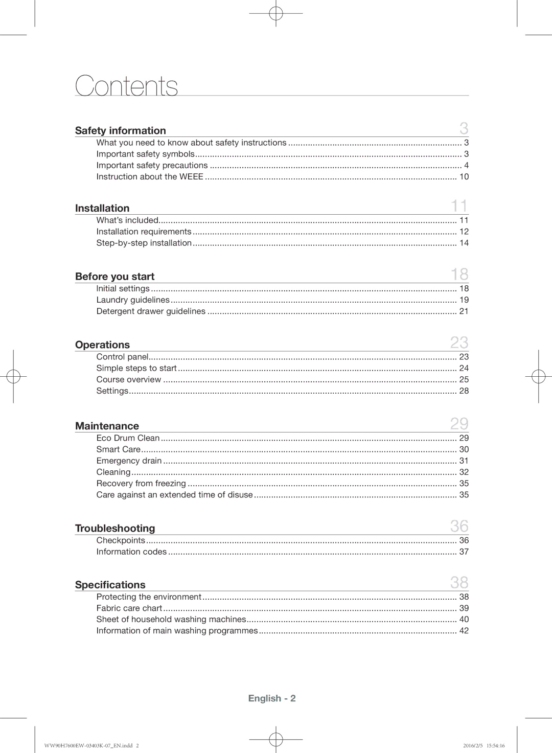 Samsung WW90H7600EW/EE, WW90H7400EW/EE, WW80H7400EW/EE, WW80H7600EW/EE manual Contents 