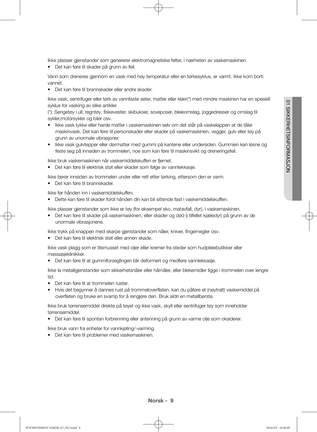 Samsung WW80H7400EW/EE, WW90H7400EW/EE, WW90H7600EW/EE, WW80H7600EW/EE manual Norsk 