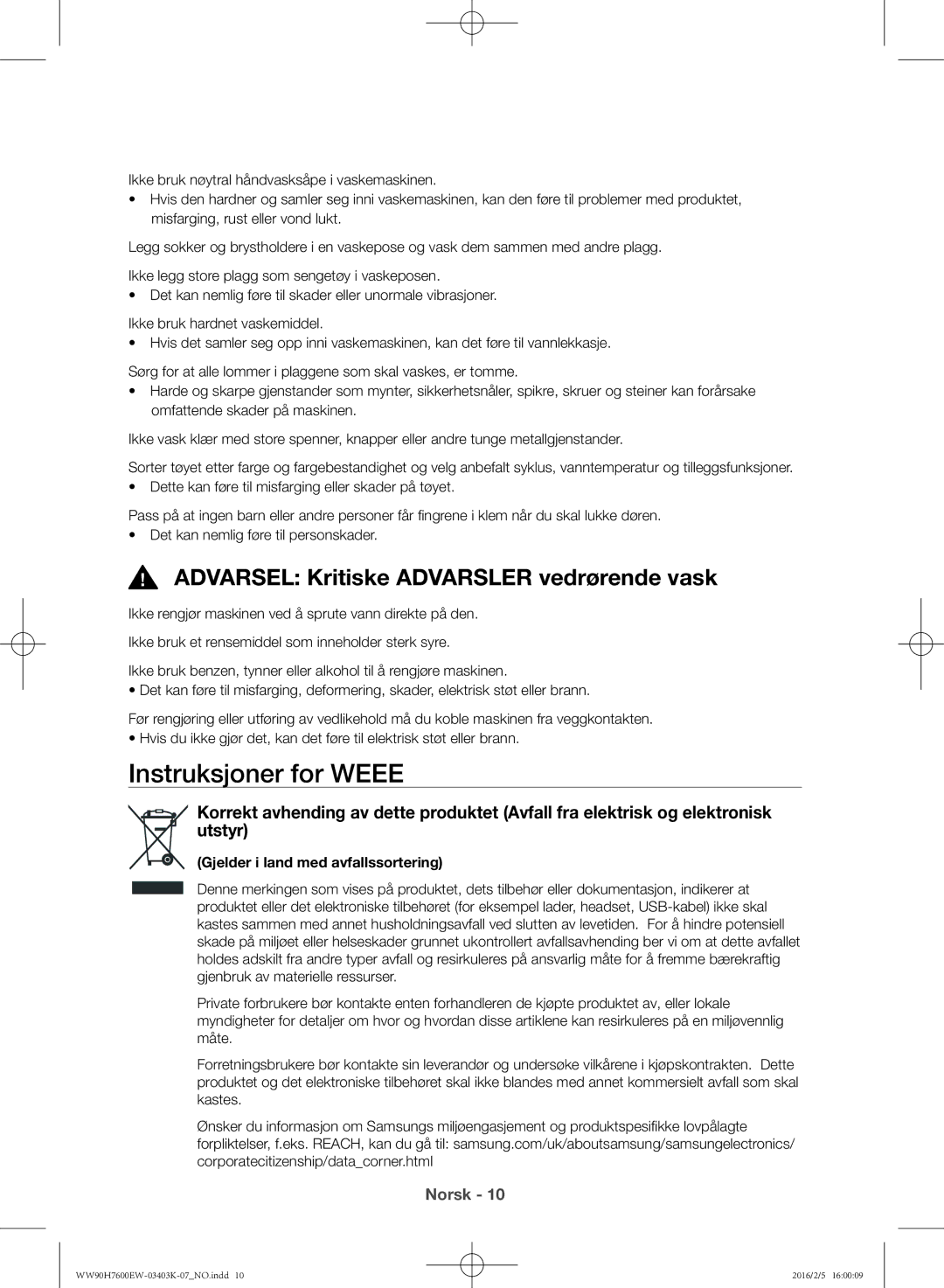 Samsung WW90H7600EW/EE, WW90H7400EW/EE, WW80H7400EW/EE manual Instruksjoner for Weee, Gjelder i land med avfallssortering 