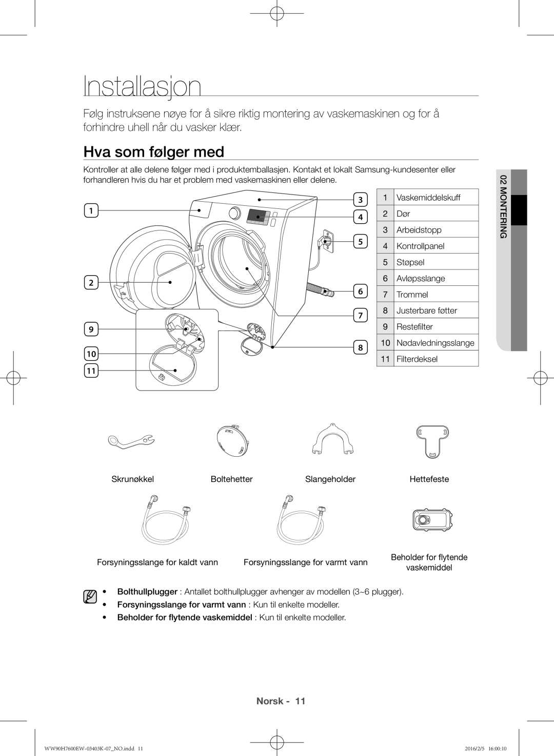 Samsung WW80H7600EW/EE, WW90H7400EW/EE, WW80H7400EW/EE, WW90H7600EW/EE manual Installasjon, Hva som følger med, Montering 