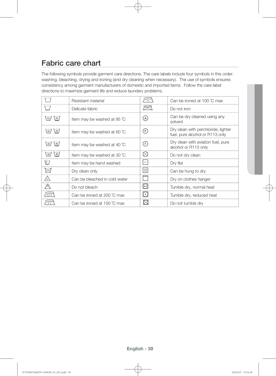 Samsung WW80H7600EW/EE, WW90H7400EW/EE, WW80H7400EW/EE, WW90H7600EW/EE manual Fabric care chart 