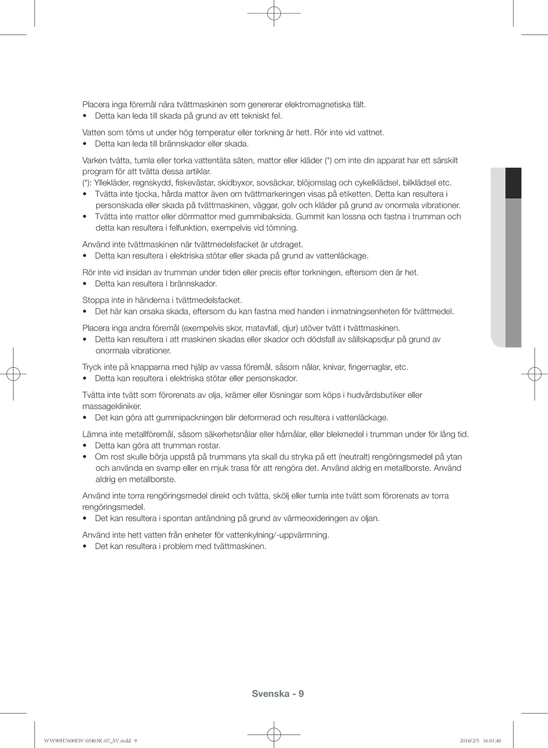 Samsung WW80H7400EW/EE, WW90H7400EW/EE, WW90H7600EW/EE, WW80H7600EW/EE manual Svenska 