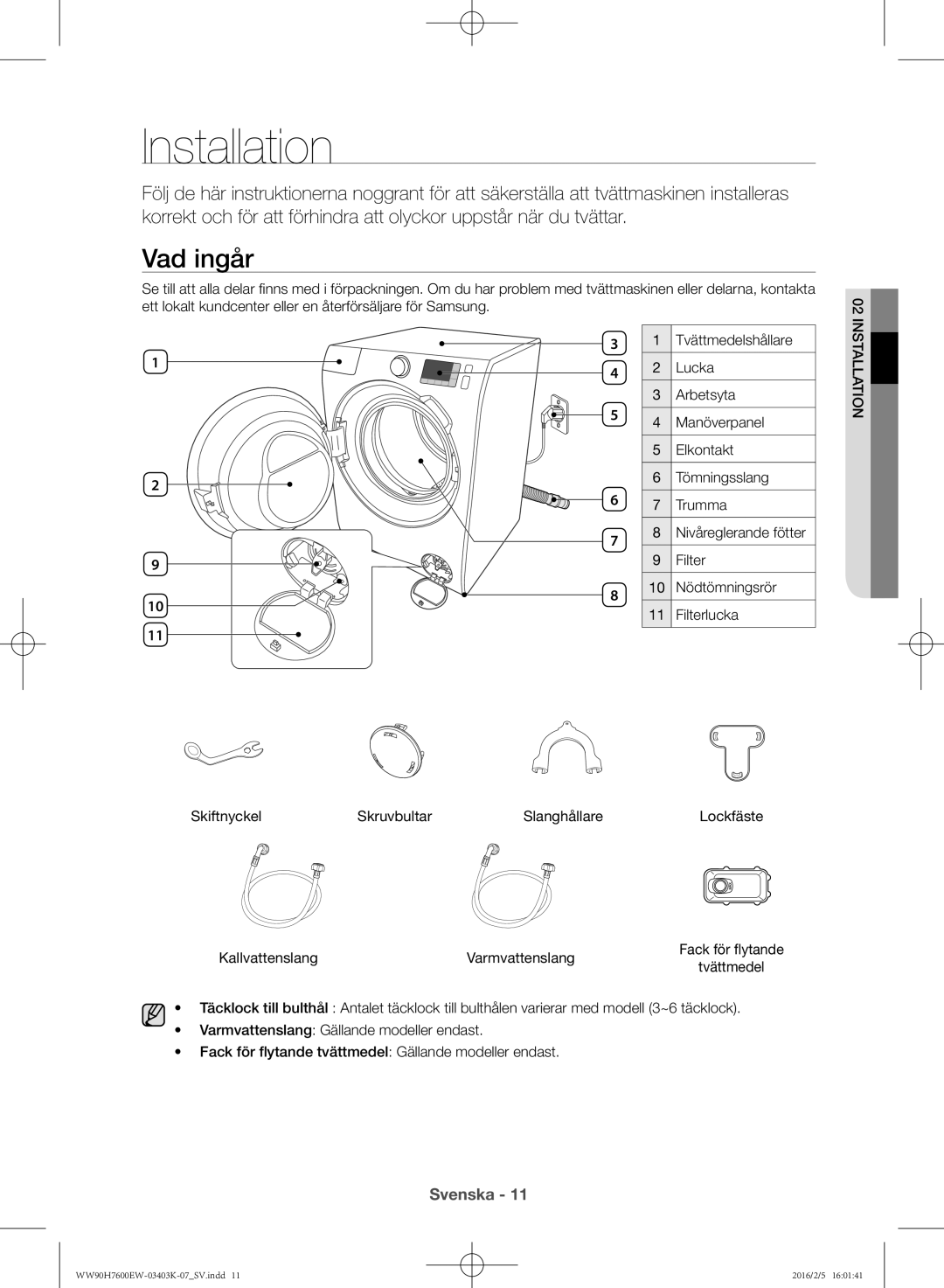 Samsung WW80H7600EW/EE, WW90H7400EW/EE, WW80H7400EW/EE, WW90H7600EW/EE manual Vad ingår, Installation 