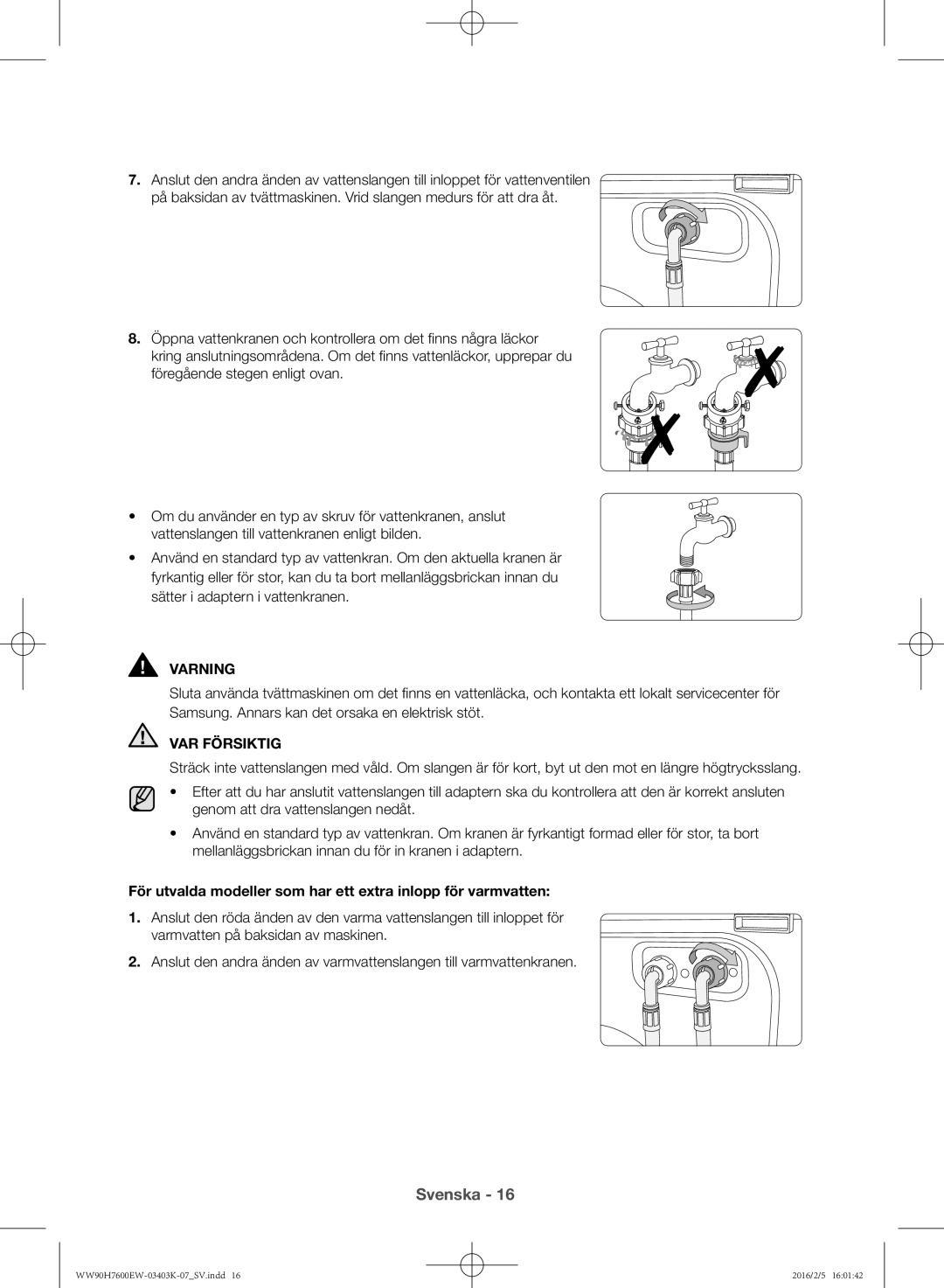 Samsung WW90H7400EW/EE, WW80H7400EW/EE, WW90H7600EW/EE, WW80H7600EW/EE manual VAR Försiktig 