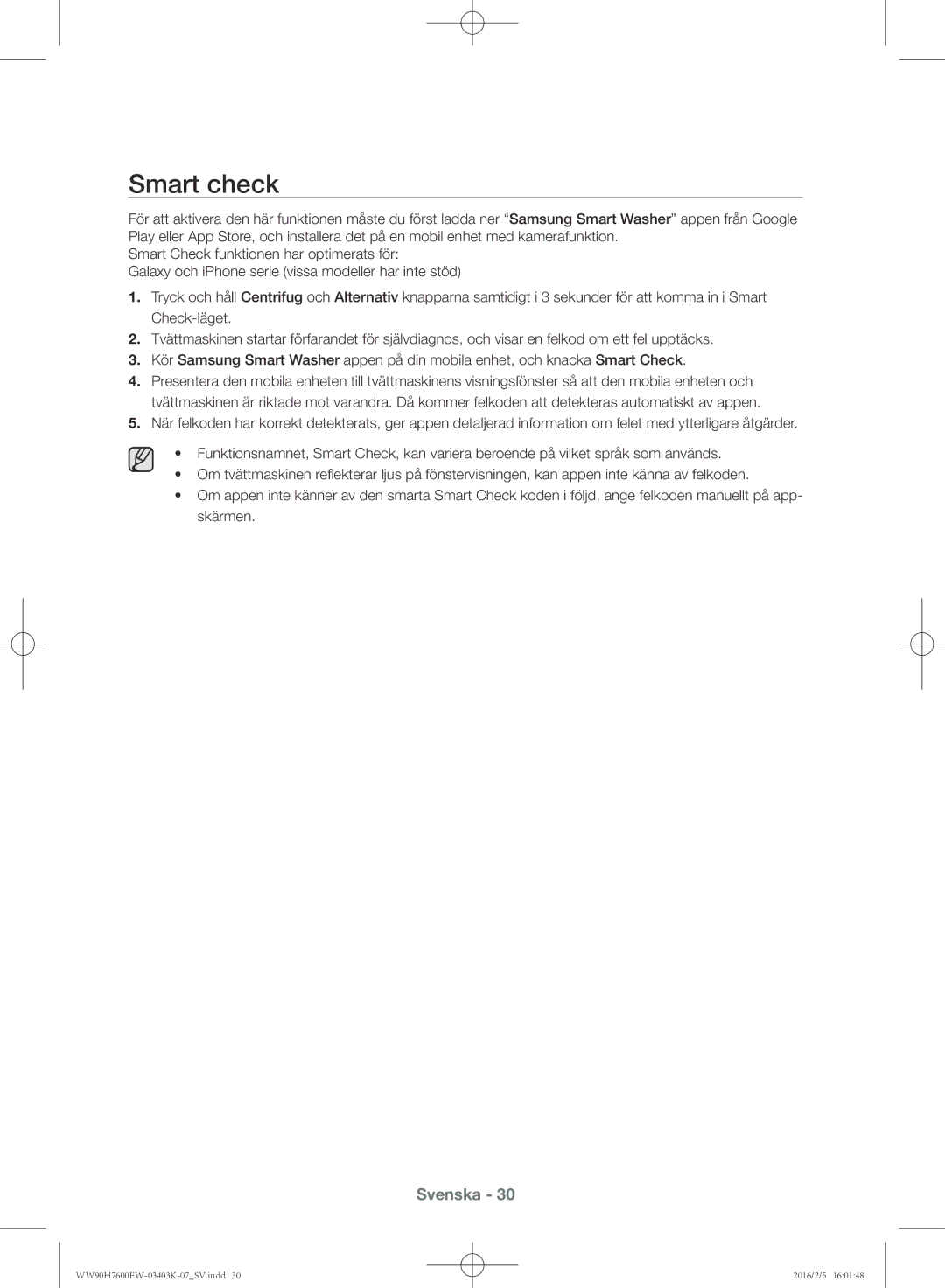 Samsung WW90H7600EW/EE, WW90H7400EW/EE, WW80H7400EW/EE, WW80H7600EW/EE manual Smart check 