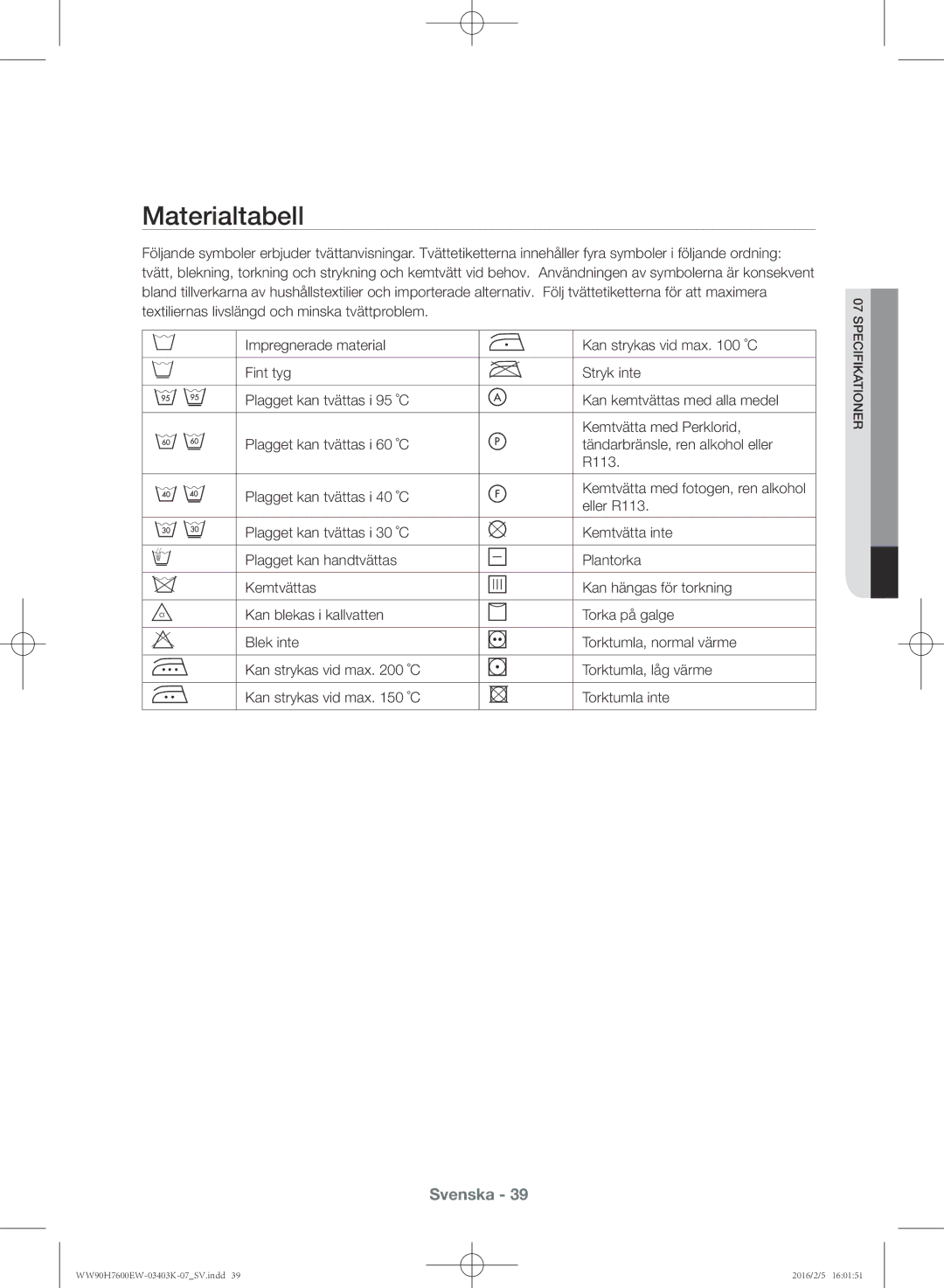 Samsung WW80H7600EW/EE, WW90H7400EW/EE, WW80H7400EW/EE, WW90H7600EW/EE manual Materialtabell 