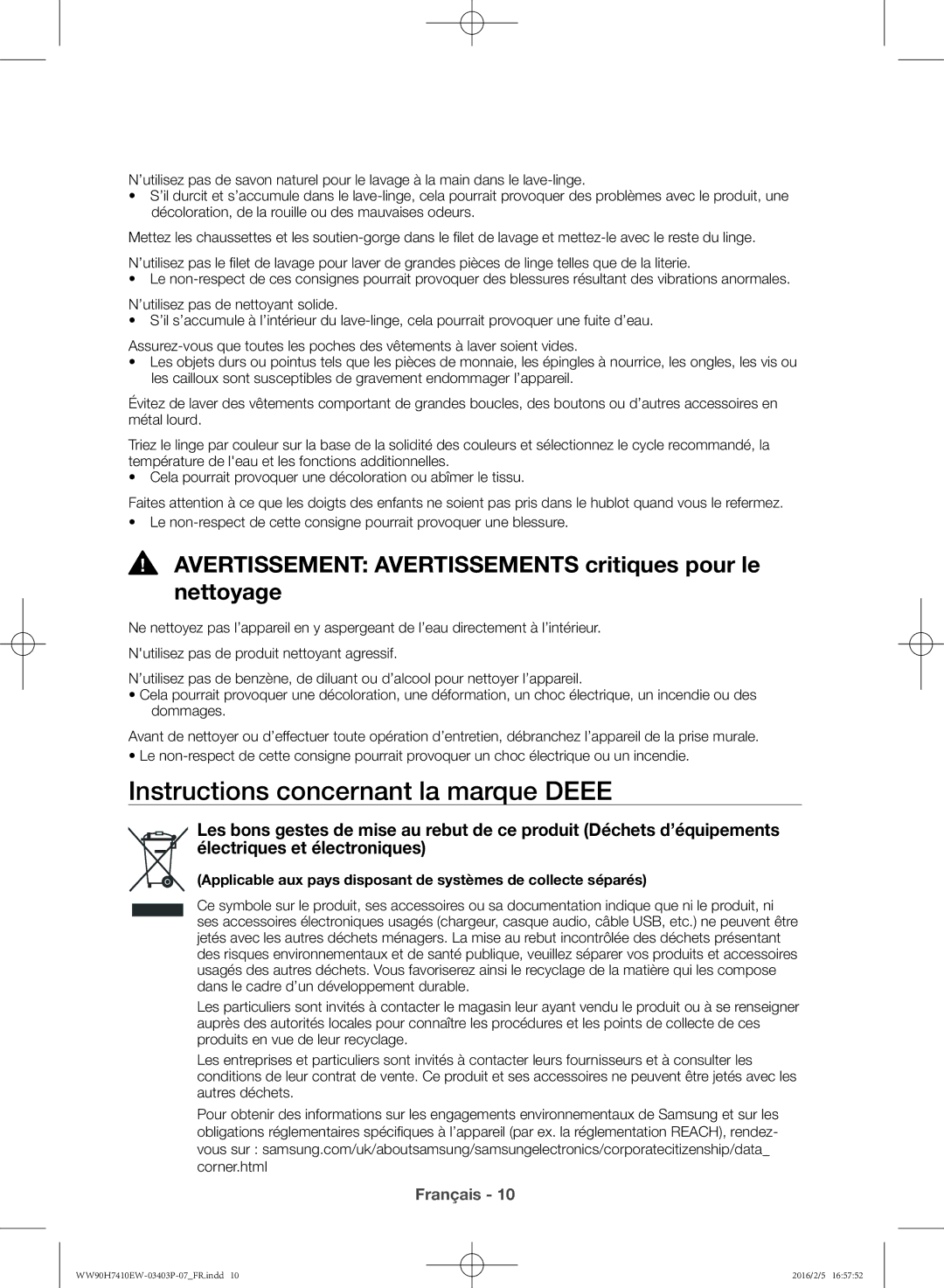 Samsung WW90H7410EW/EF Instructions concernant la marque Deee, Avertissement Avertissements critiques pour le nettoyage 