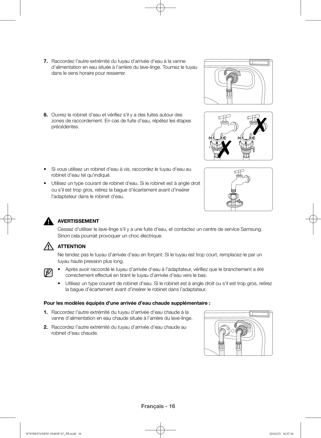 Samsung WW90H7410EW/EF manual Ladaptateur dans le robinet deau 