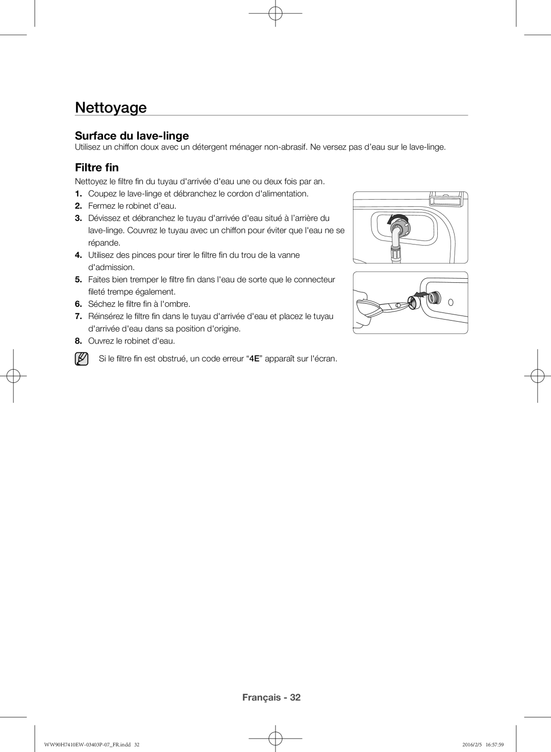 Samsung WW90H7410EW/EF manual Nettoyage, Surface du lave-linge, Filtre fin 