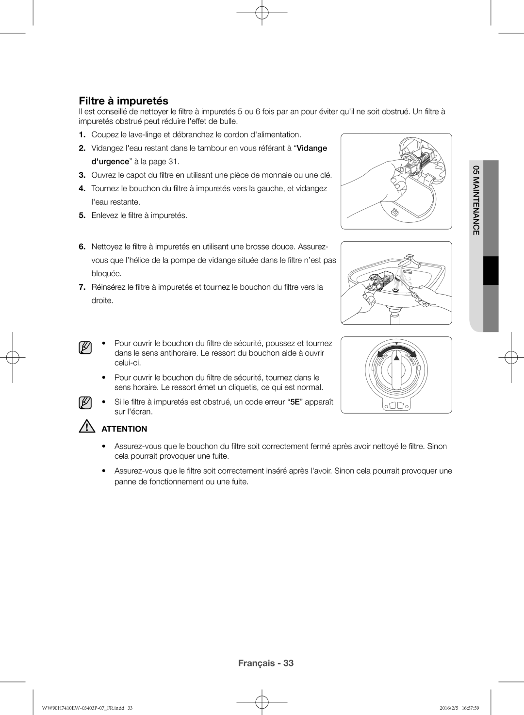 Samsung WW90H7410EW/EF manual Filtre à impuretés 