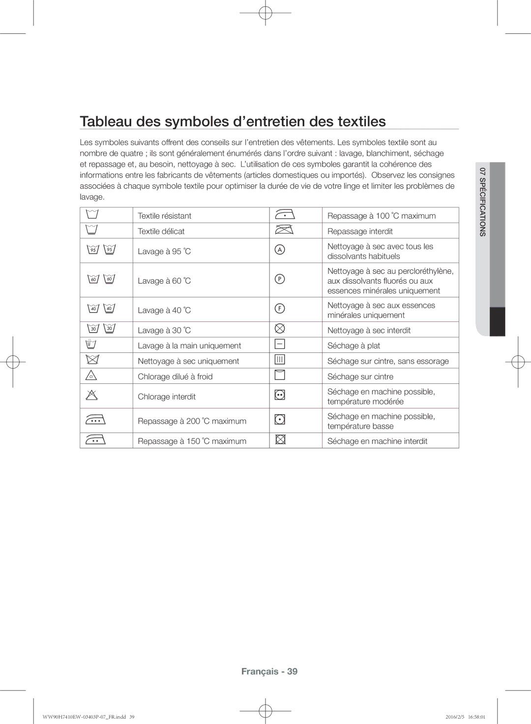 Samsung WW90H7410EW/EF manual Tableau des symboles d’entretien des textiles 