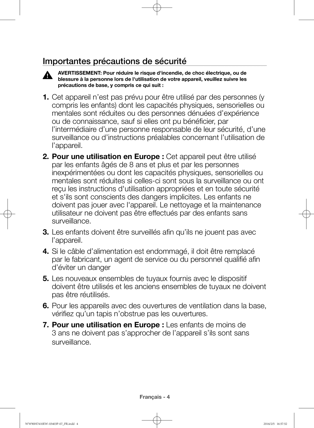 Samsung WW90H7410EW/EF manual Importantes précautions de sécurité 