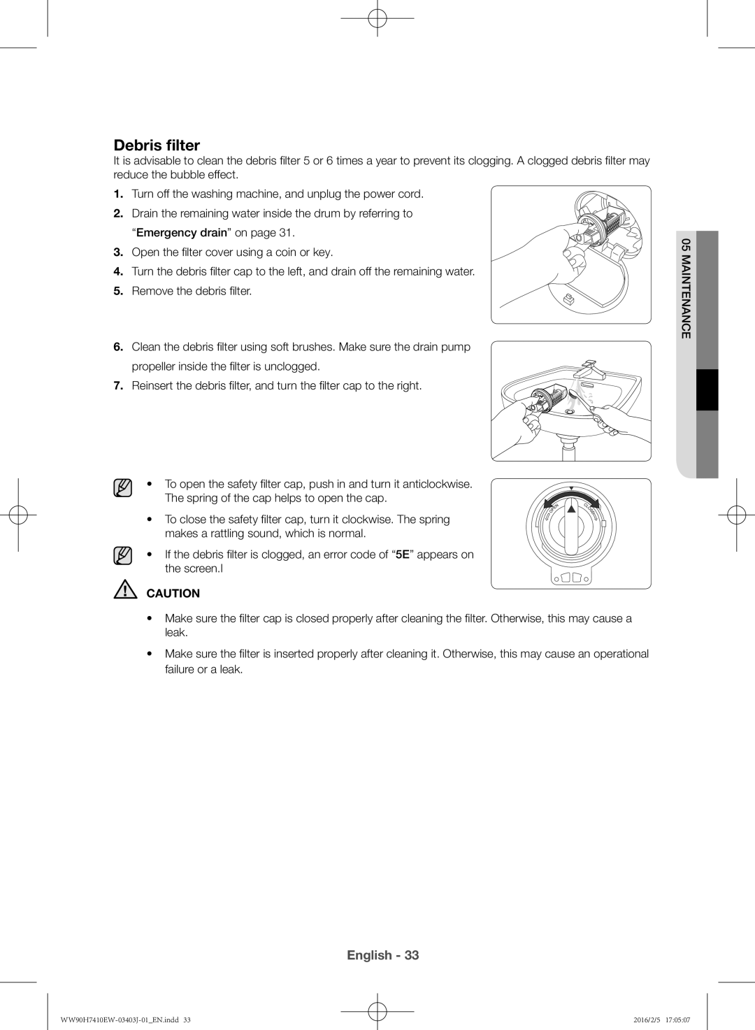 Samsung WW90H7410EW/KJ manual Debris filter 