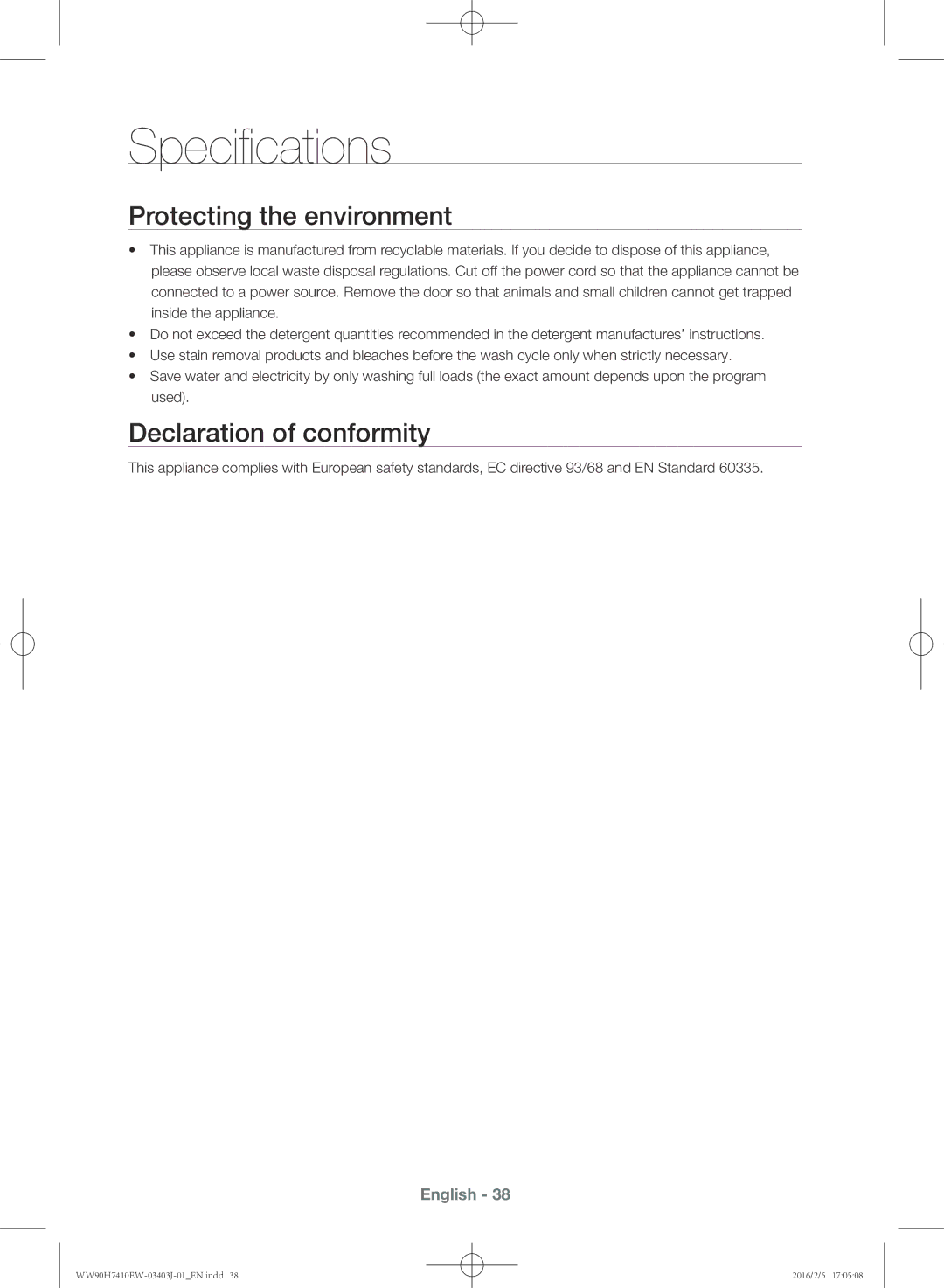 Samsung WW90H7410EW/KJ manual Specifications, Protecting the environment, Declaration of conformity 