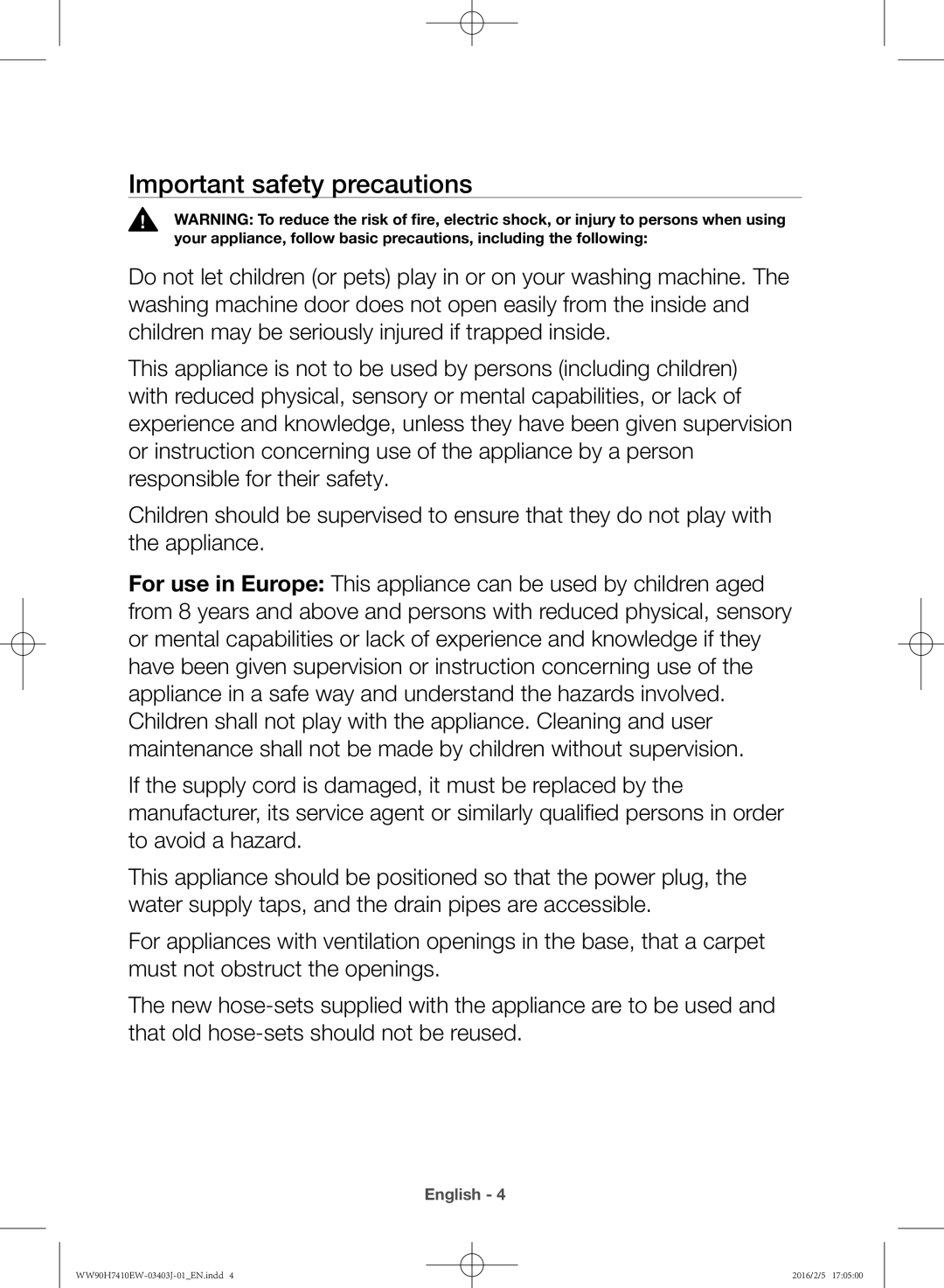 Samsung WW90H7410EW/KJ manual Important safety precautions 