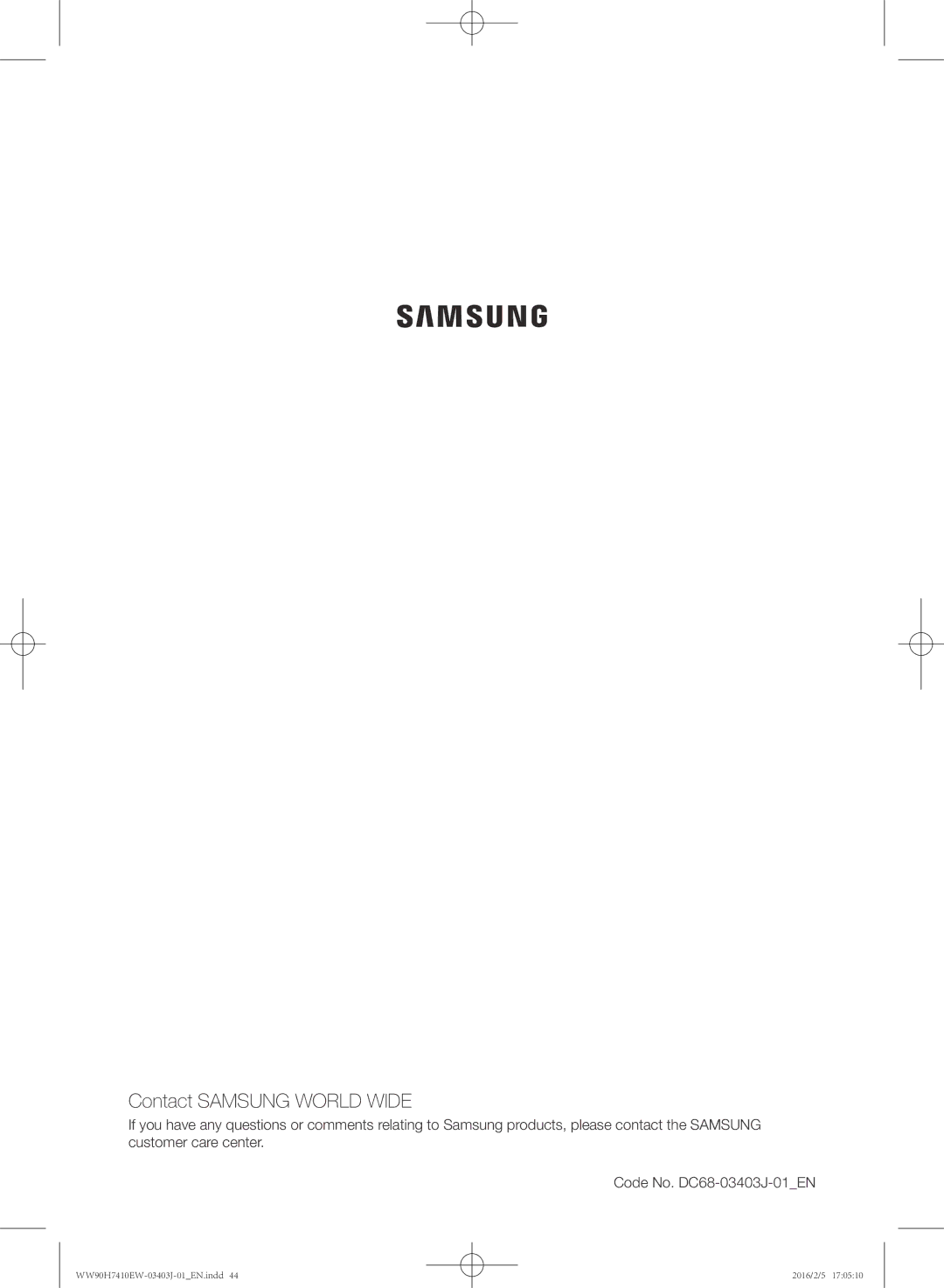 Samsung WW90H7410EW/KJ manual Contact Samsung World Wide 