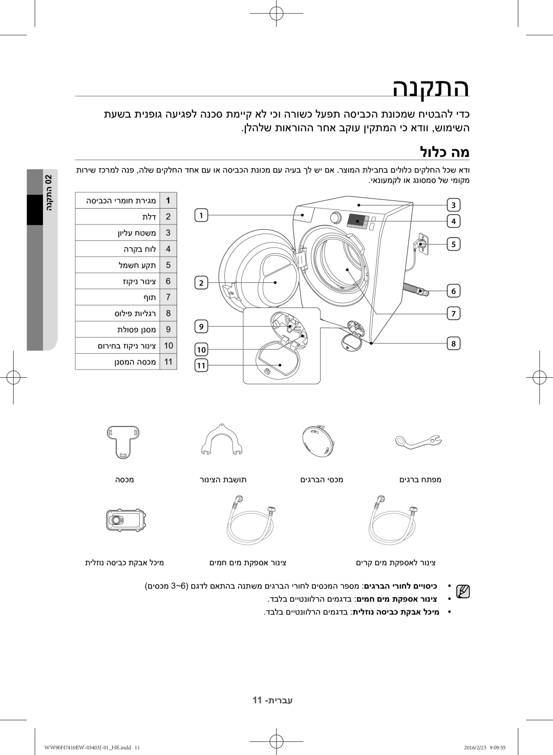 Samsung WW90H7410EW/KJ manual הנקתה, לולכ המ 