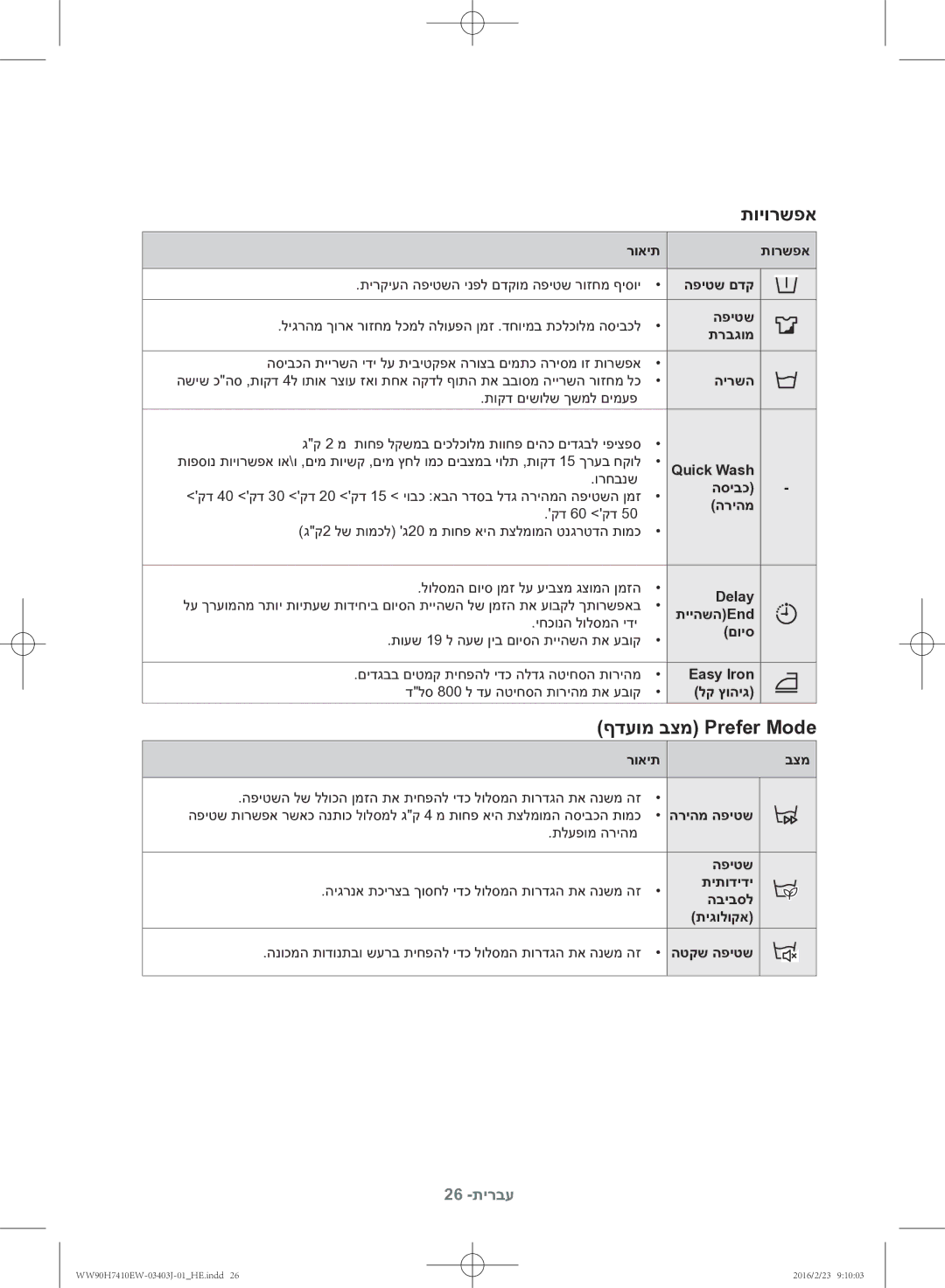 Samsung WW90H7410EW/KJ manual תויורשפא, ףדעומ בצמ Prefer Mode, רואית 