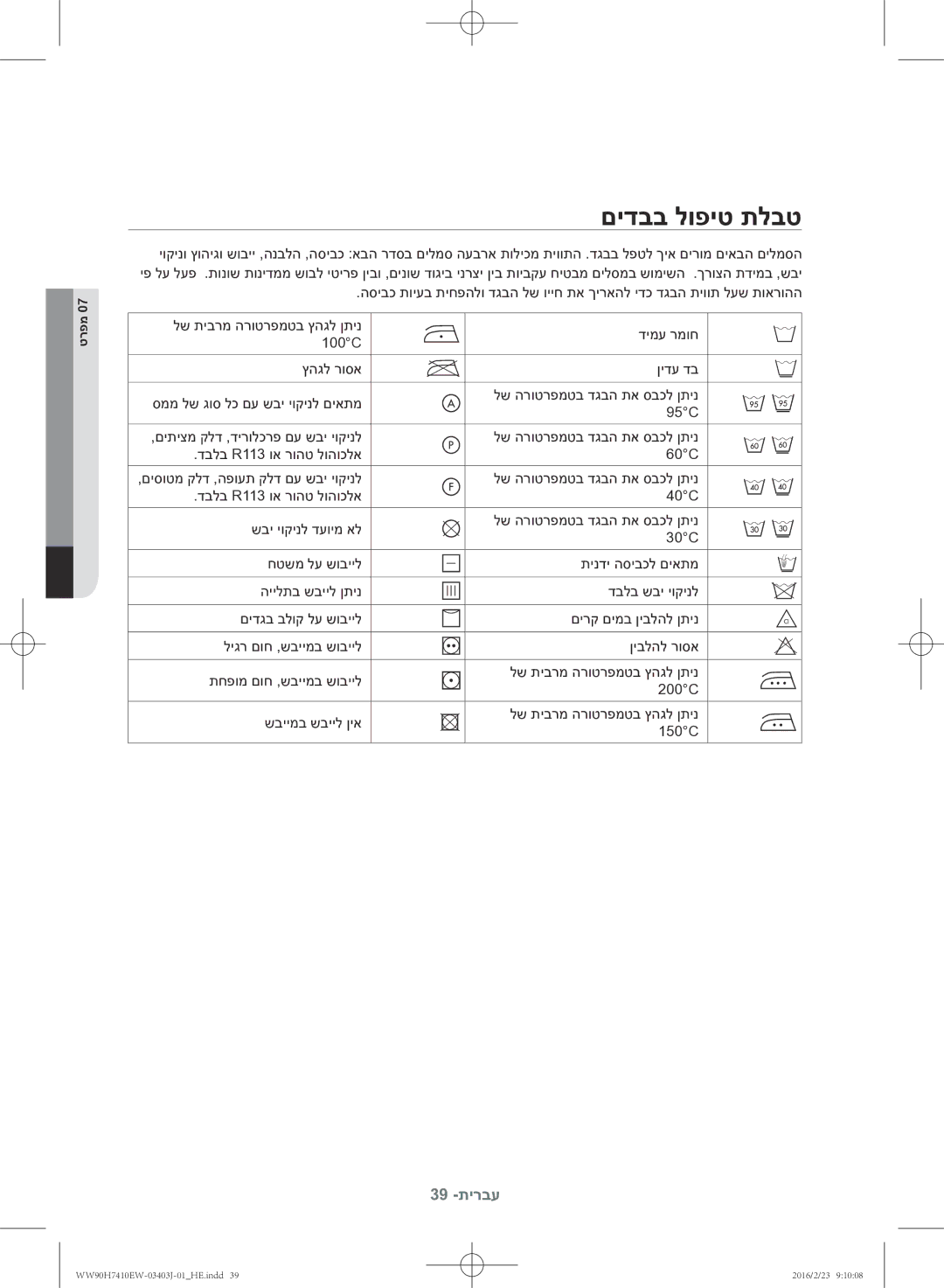 Samsung WW90H7410EW/KJ manual םידבב לופיט תלבט 