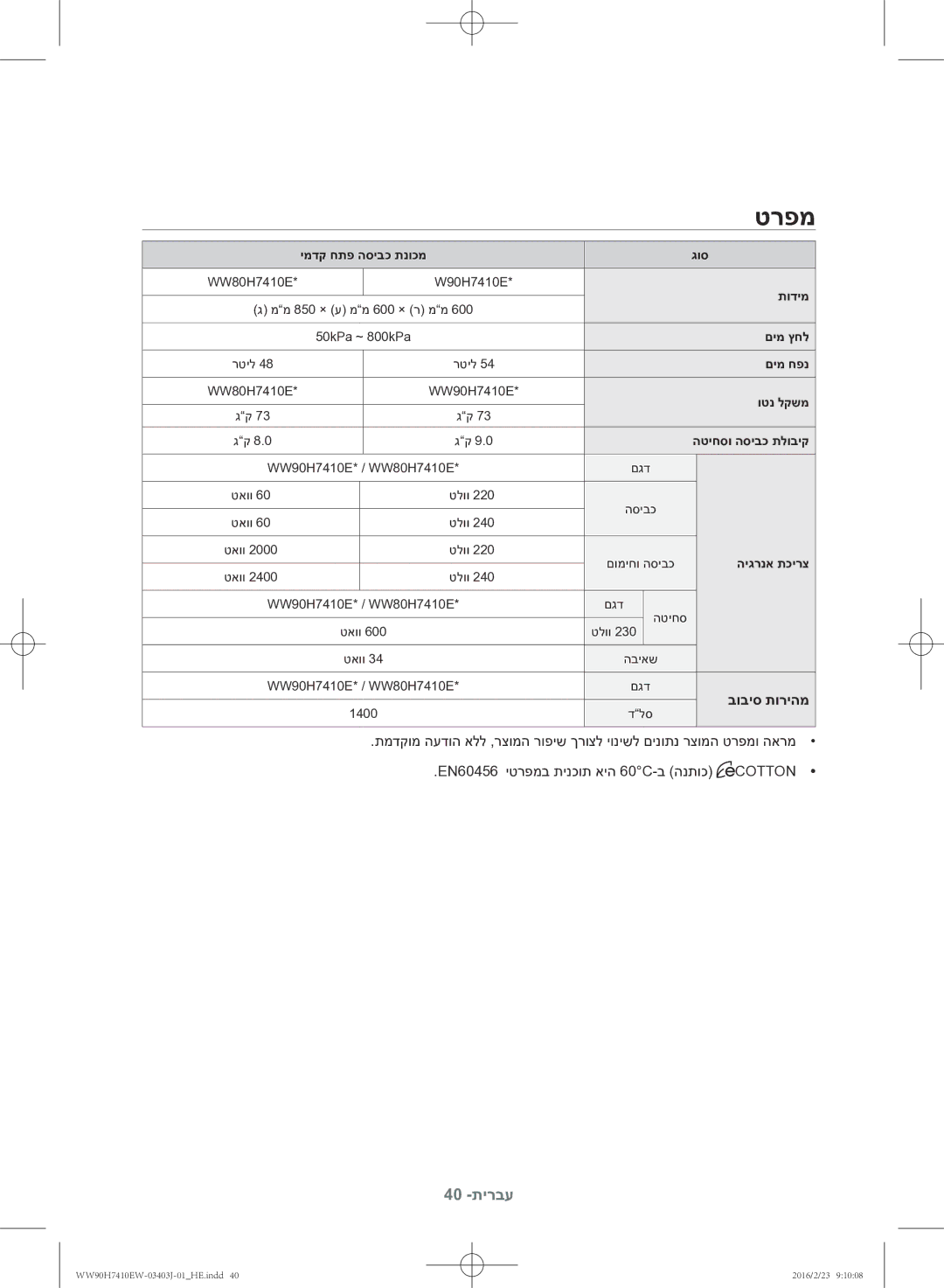 Samsung WW90H7410EW/KJ manual טרפמ, בוביס תוריהמ 