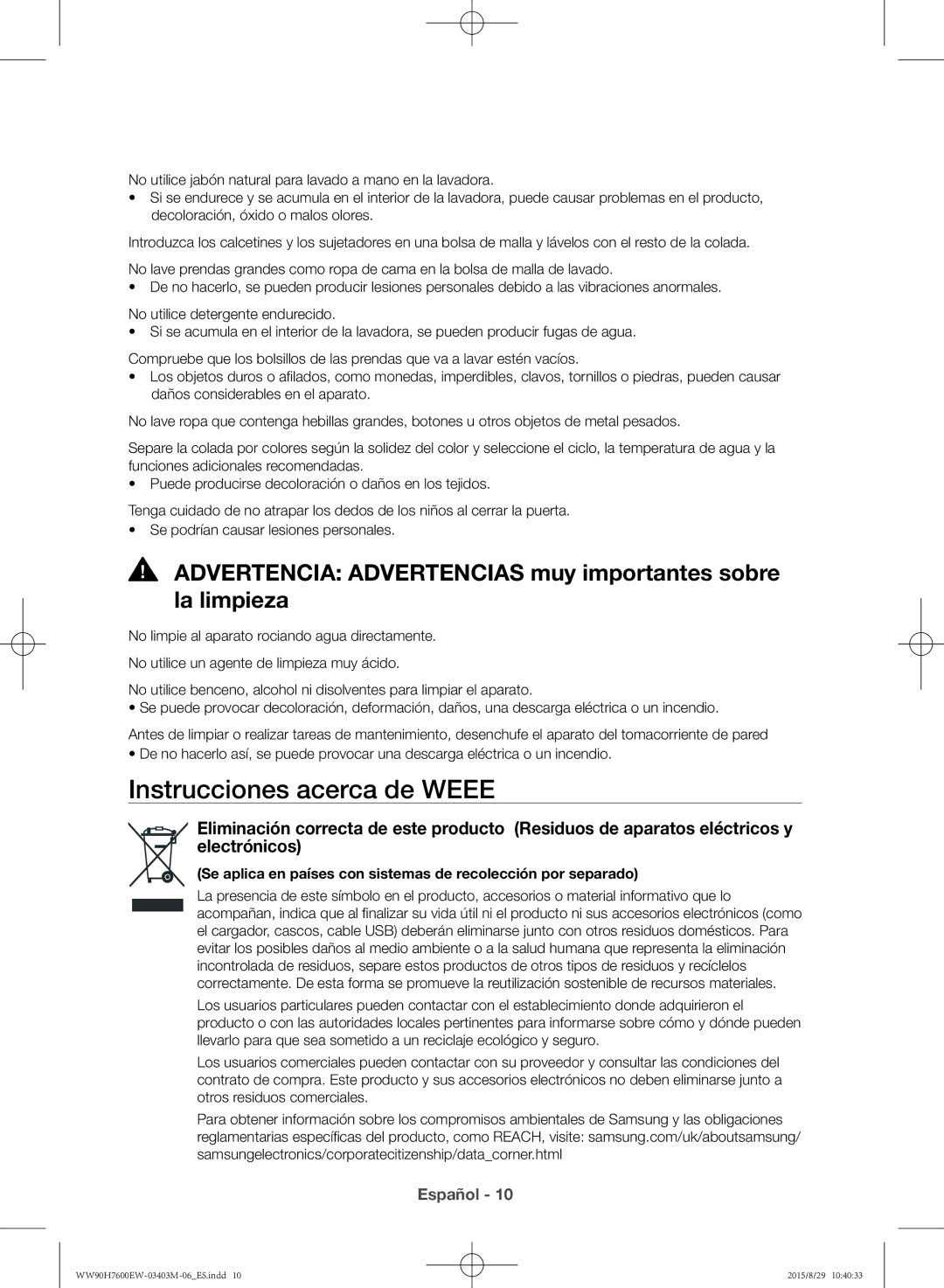 Samsung WW90H7610EW/EC manual Instrucciones acerca de Weee, Se aplica en países con sistemas de recolección por separado 