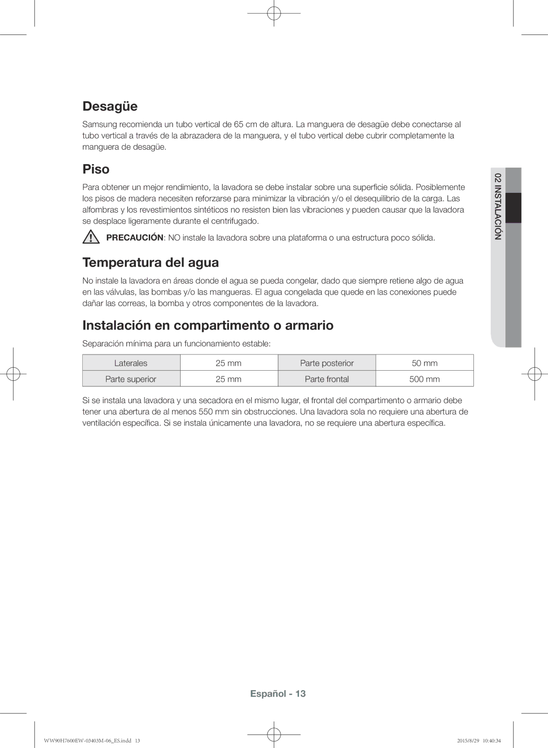 Samsung WW90H7610EW/EC manual Desagüe 