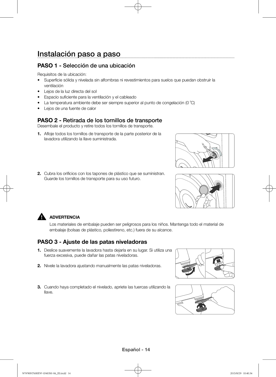 Samsung WW90H7610EW/EC manual Instalación paso a paso, Paso 3 Ajuste de las patas niveladoras 