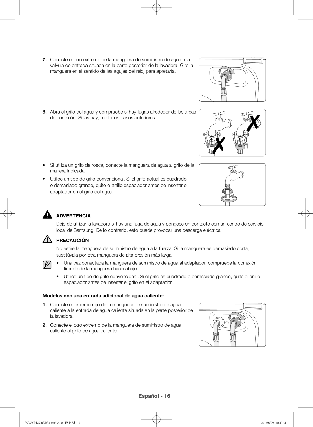 Samsung WW90H7610EW/EC manual Precaución, Modelos con una entrada adicional de agua caliente 