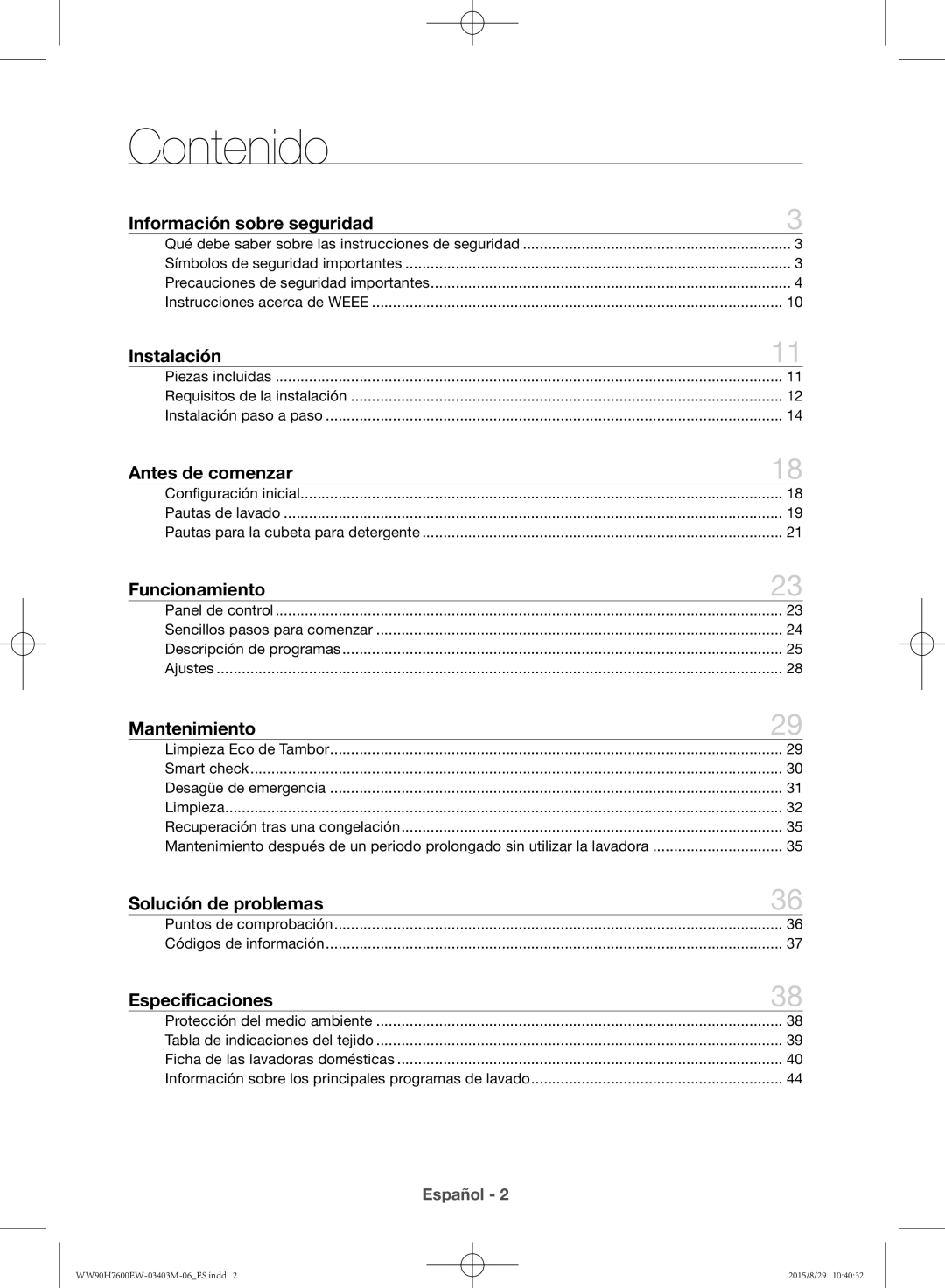 Samsung WW90H7610EW/EC manual Contenido, Información sobre seguridad 