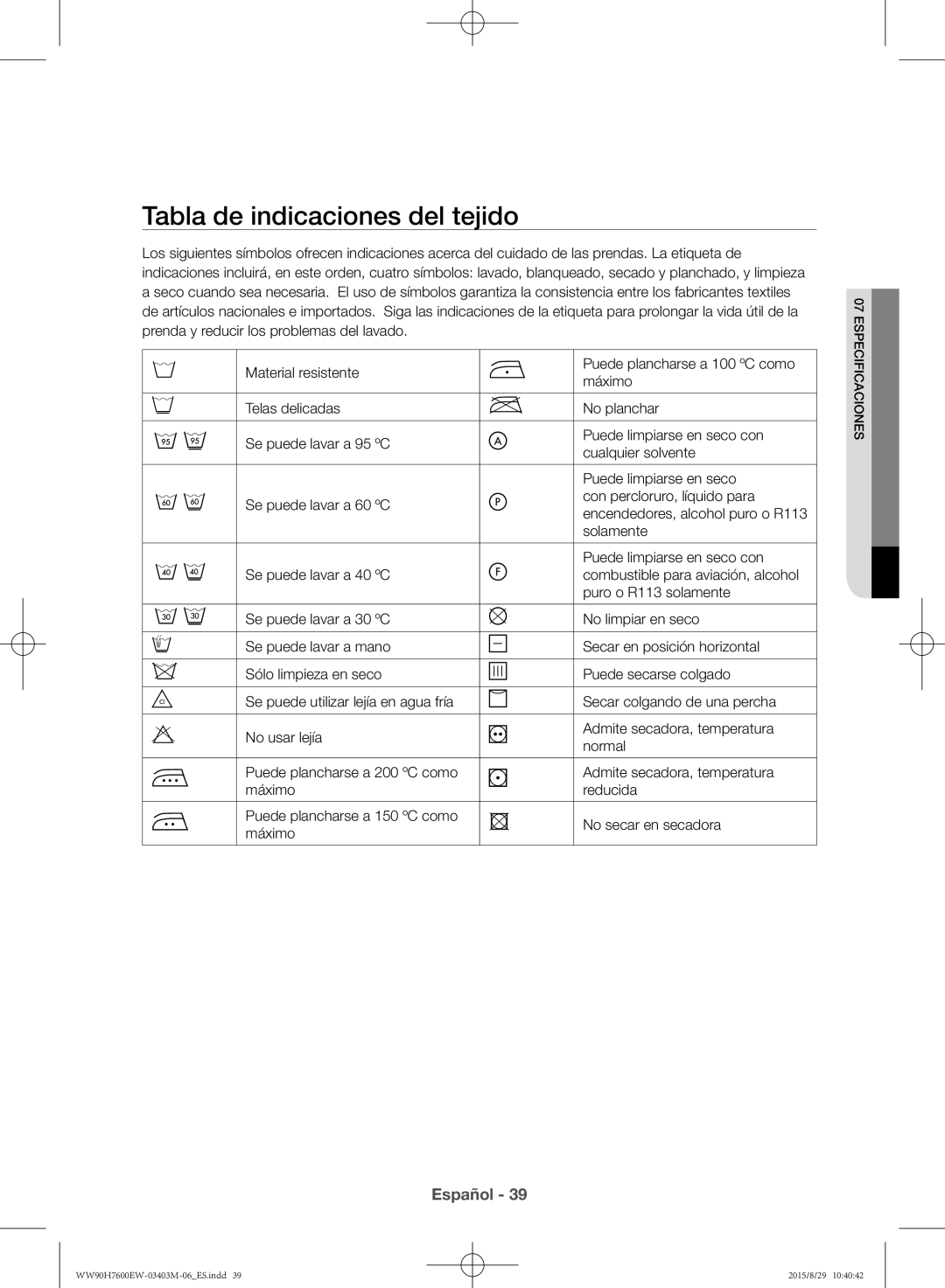 Samsung WW90H7610EW/EC manual Tabla de indicaciones del tejido 