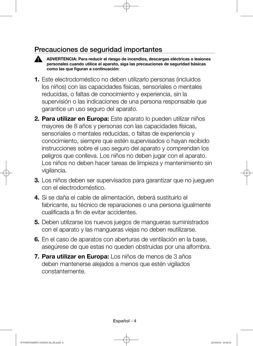 Samsung WW90H7610EW/EC manual Precauciones de seguridad importantes 