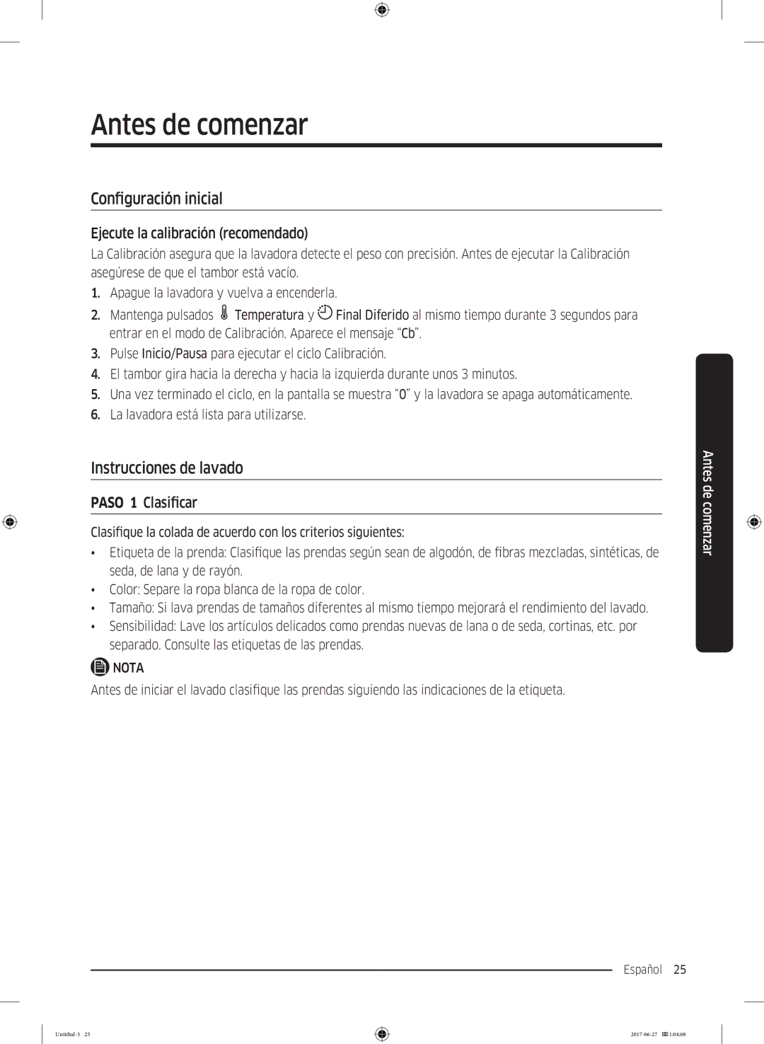 Samsung WW80J5555FW/EC manual Antes de comenzar, Configuración inicial, Instrucciones de lavado, Paso 1 Clasificar 