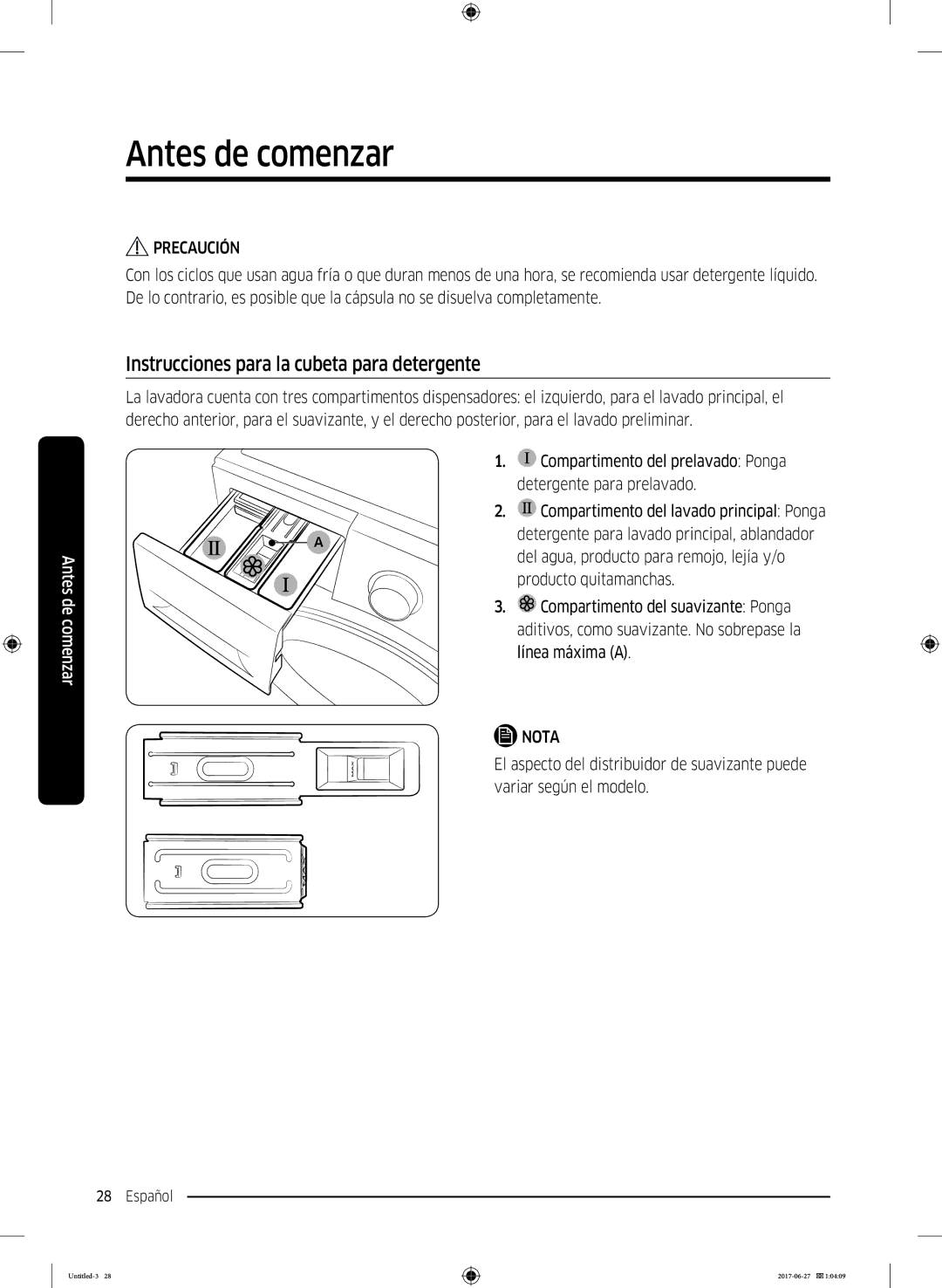 Samsung WW80J5355DW/EC, WW90J5355FW/EC, WW80J5355DW/EP, WW80J5355MW/EC manual Instrucciones para la cubeta para detergente 