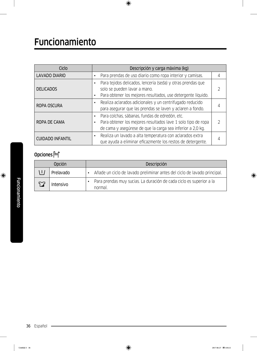 Samsung WW70J5555FW/EC, WW90J5355FW/EC, WW80J5355DW/EP, WW80J5355DW/EC, WW80J5355MW/EC, WW80J5355MW/EP Opciones, Lavado Diario 