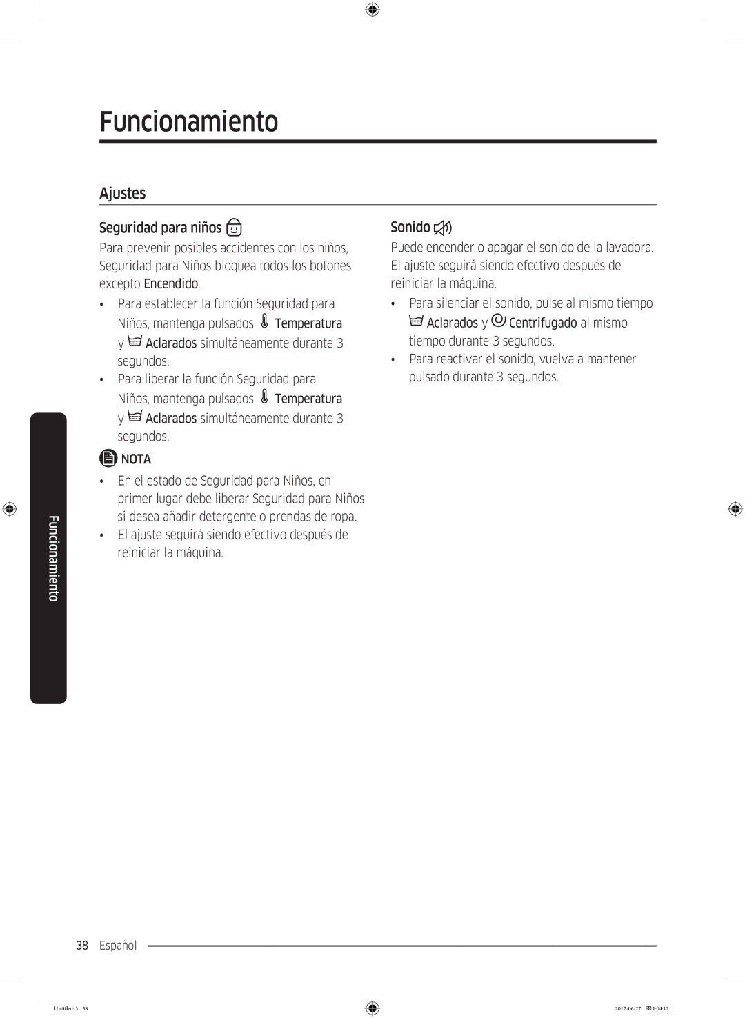 Samsung WW80J5555FW/EC, WW90J5355FW/EC, WW80J5355DW/EP, WW80J5355DW/EC, WW80J5355MW/EC Ajustes, Seguridad para niños, Sonido 